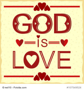 Bible verse God is love in red with hearts